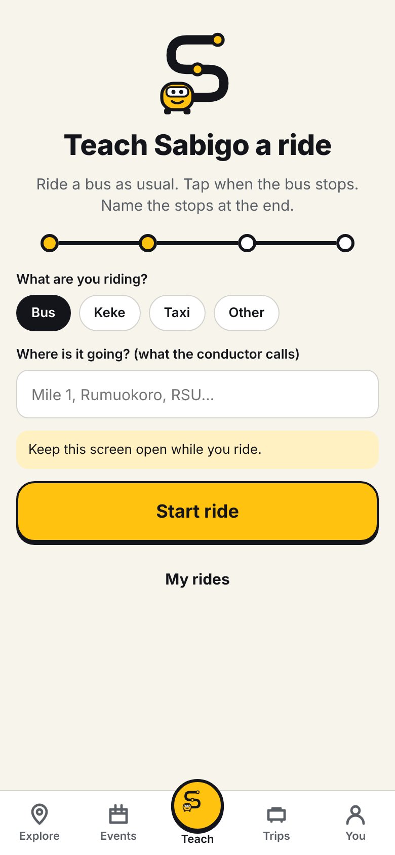 Start a ride screen: what are you riding and where is it going
